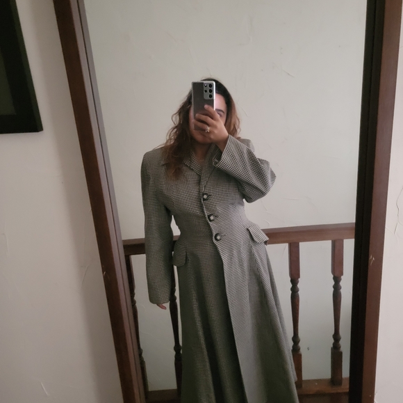 VINTAGE Micro Houndstooth Wool Long Riding Trench Coat Womens S/M Black ivory - Picture 2 of 14